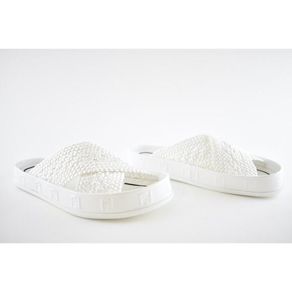 Fendi White Criss Cross Woven Logo Mule Slide Slip On Flat Flip Flop Sandal 35.5 - Picture 2 of 12